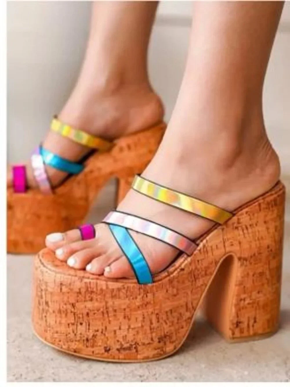 Cape Robbin Elci Metallic Rainbow Strappy Cork Platform Mule Heels